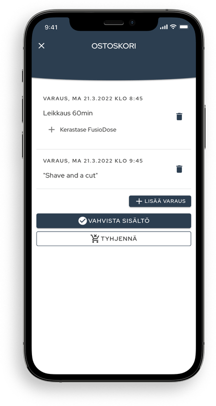 Booking cart on the booking page from the customer's perspective displayed on a smartphone screen